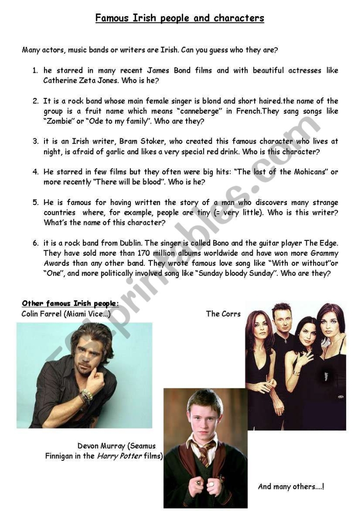 Third grade student completing a reading comprehension worksheet about influential figures of Irish American heritage