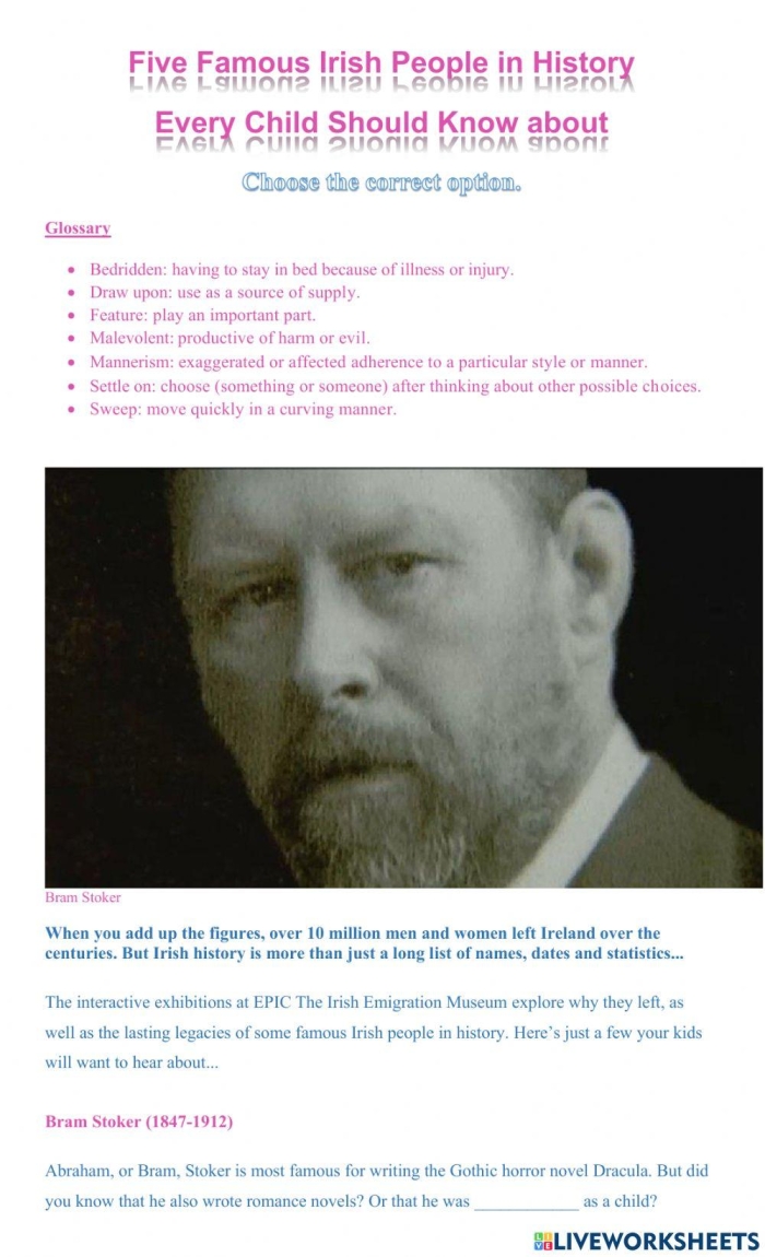 Third grade students learning about famous Irish Americans through a reading comprehension worksheet activity