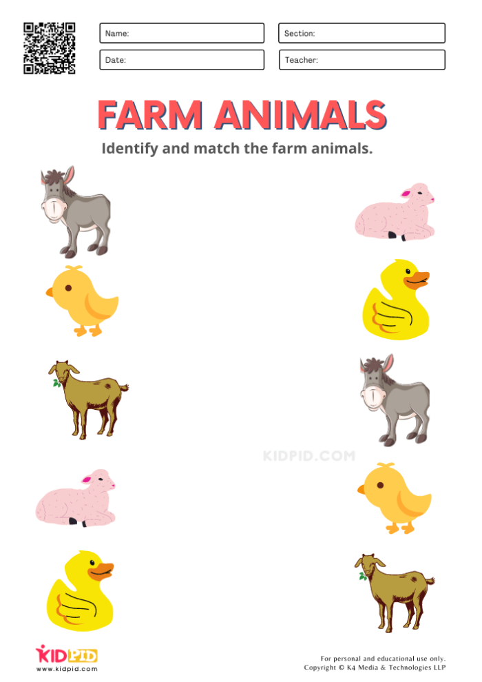 Kindergarten worksheet featuring a farm animal themed picture crossword puzzle