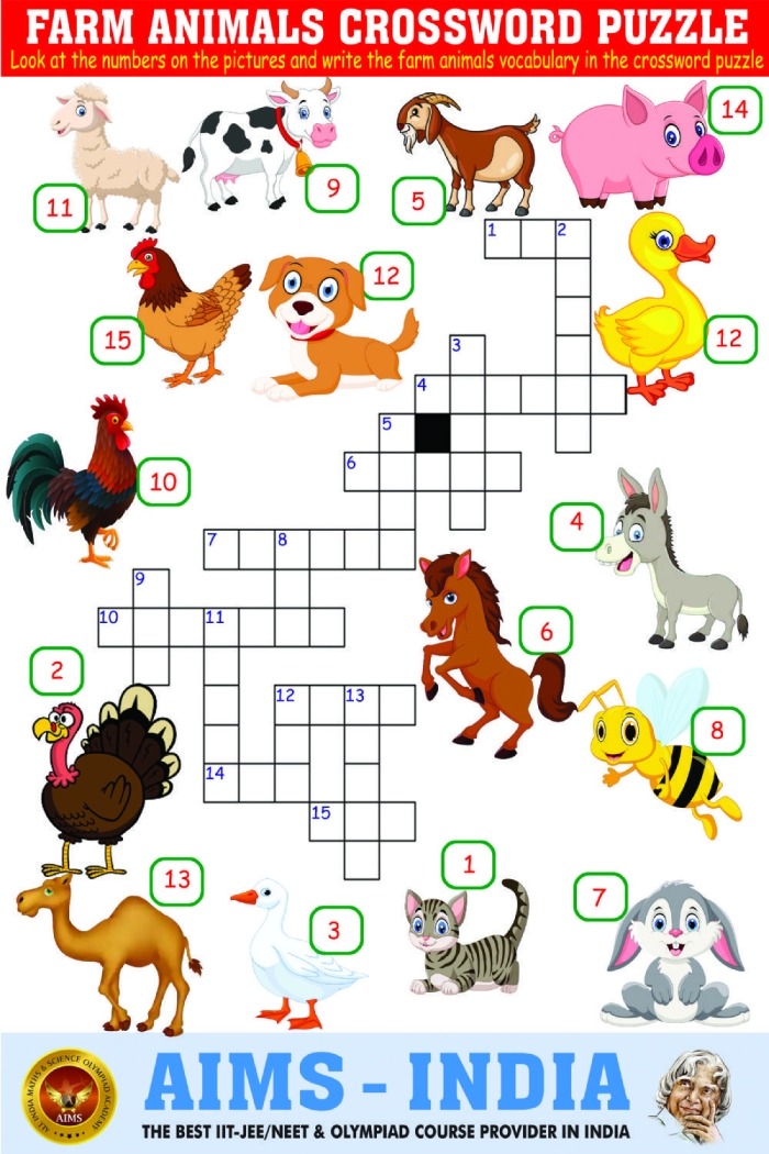 Kindergarten worksheet featuring a farm animal picture crossword puzzle for young students