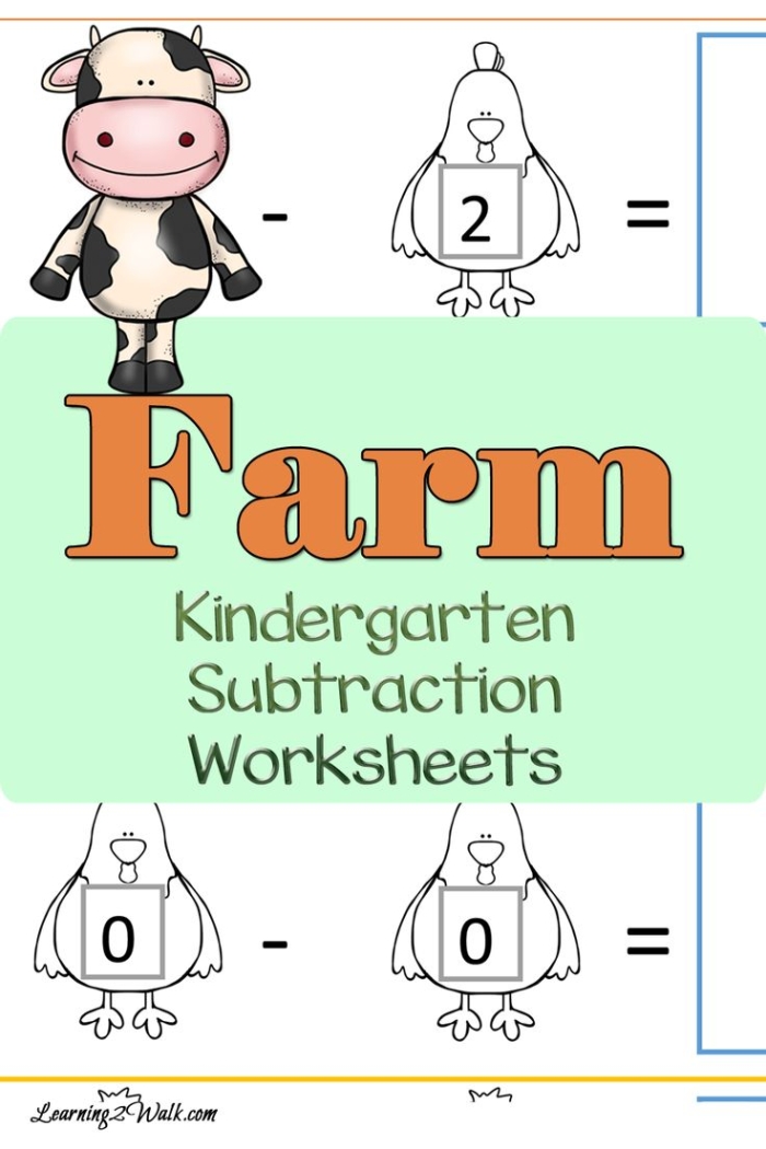 Kindergarten students practicing farm animal subtraction problems on a worksheet