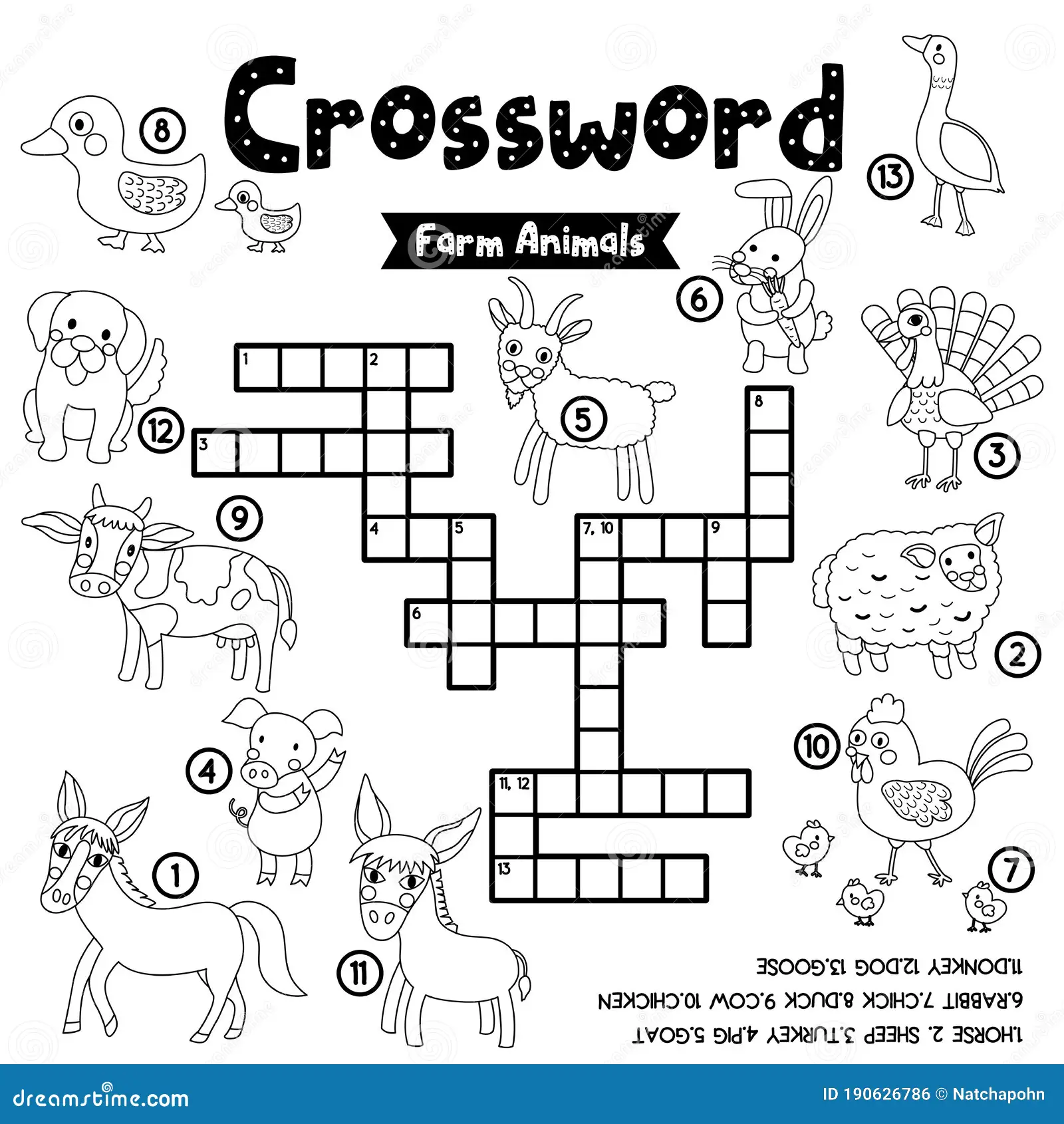 Kindergarten worksheet featuring a picture crossword puzzle for identifying various farm animals