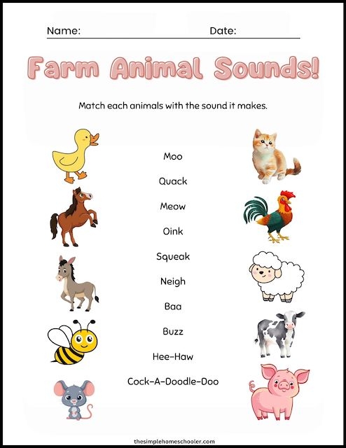 Picture crossword puzzle featuring farm animals for kindergarten students to identify and match with clues