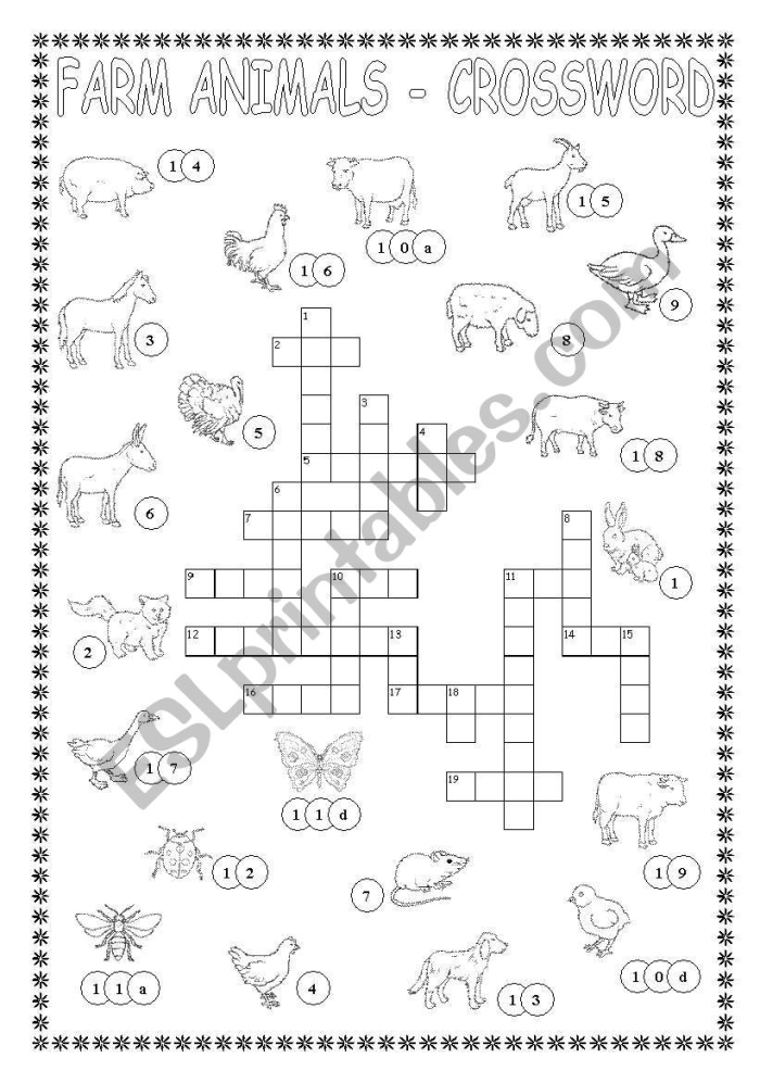 Kindergarten worksheet featuring a picture crossword puzzle themed around farm animals