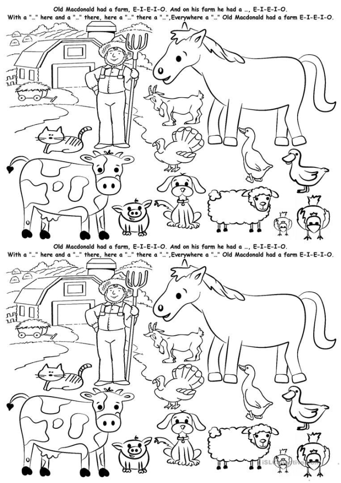Kindergarten worksheet featuring a picture crossword puzzle for identifying common farm animals