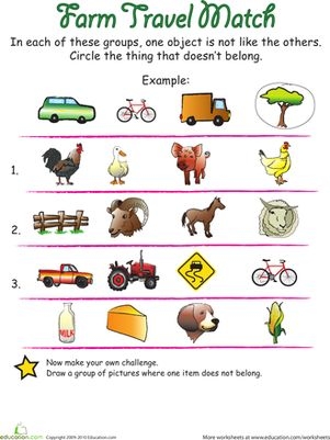 A colorful worksheet for kindergarteners to identify items that don't belong on a farm scene. Fun and engaging "What Doesn't Belong: Farm" activity for young learners.