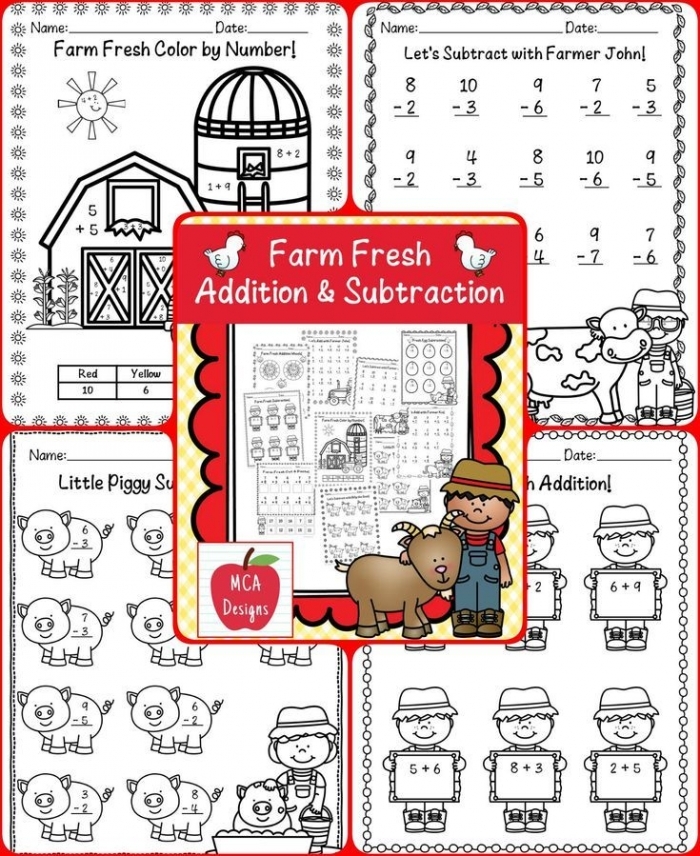 Kindergarten students practice farm animal subtraction problems on this math worksheet