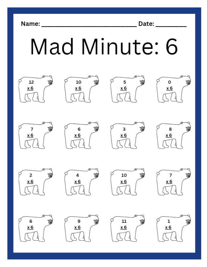 Third grade student working on a Minute Math multiplication and division worksheet