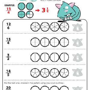 Students engaged in the Feed the Kramsters Mixed Number Review worksheet, converting fractions for their alien pet's meal. A fun educational activity focused on improper fractions for fourth graders.