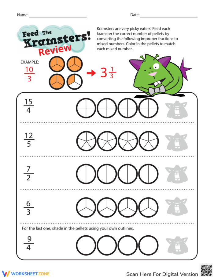Worksheet featuring the "Feed the Kramsters" activity where students convert improper fractions to mixed numbers. Mixed Number Review worksheet for fourth graders focusing on time and money concepts.