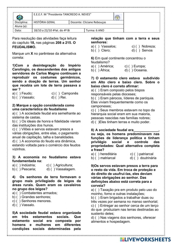 Civics and Government worksheet for Sixth Grade Worksheet illustrating the structure of feudal society with social classes, jobs, and land ownership. Overview of feudal society roles and responsibilities for sixth-grade students.