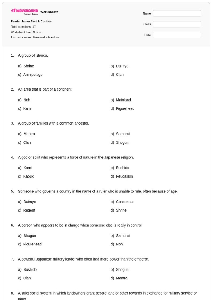 Feudal Society Overview Worksheet for sixth grade civics and government studies Worksheet exploring feudal society's social classes, jobs, and land ownership for sixth graders