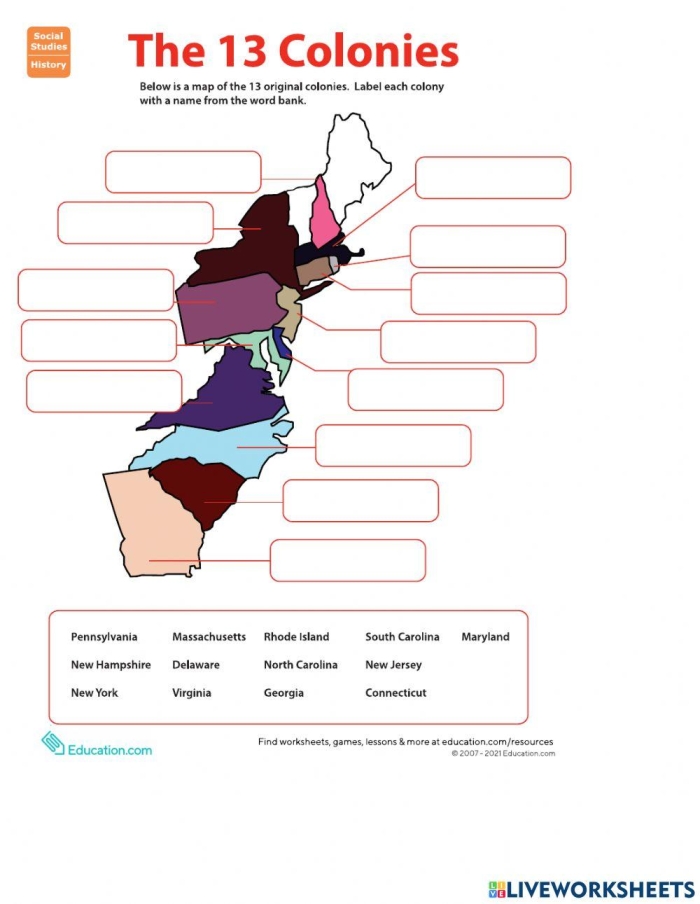 Fifth grade geography worksheet requiring students to label the 13 American colonies on a blank map