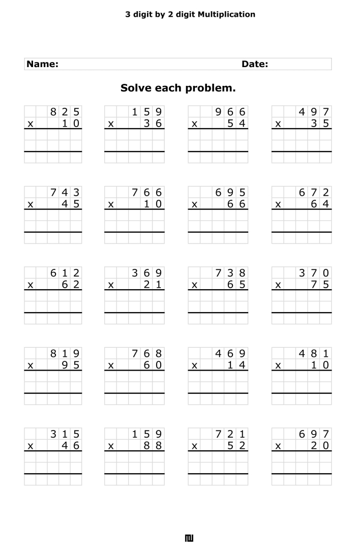 Fifth grade math worksheet featuring 3-digit by 2-digit multiplication problems