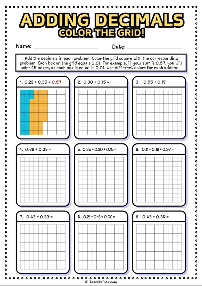 Fifth grade math worksheet featuring practice problems for adding decimals up to the thousandths place