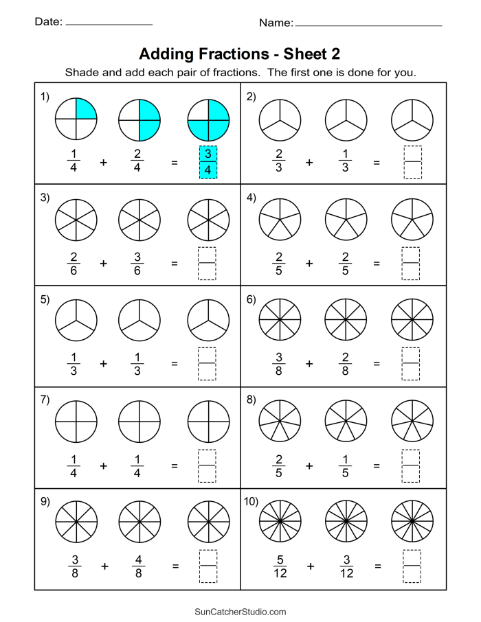 Worksheet for adding fractions with matching and varying denominators