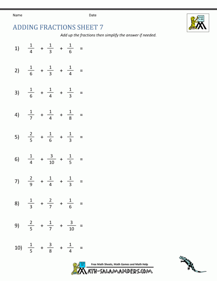 Fifth grade worksheet featuring visual models for adding fractions with same and different denominators
