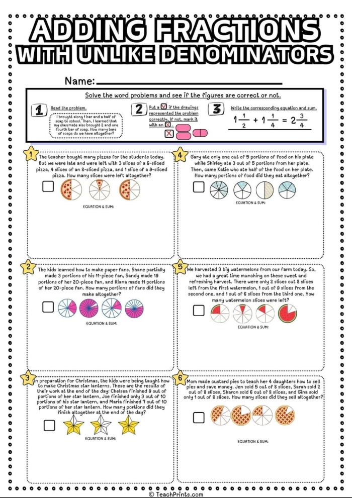 Fifth grade math worksheet featuring practice problems for adding fractions with unlike denominators