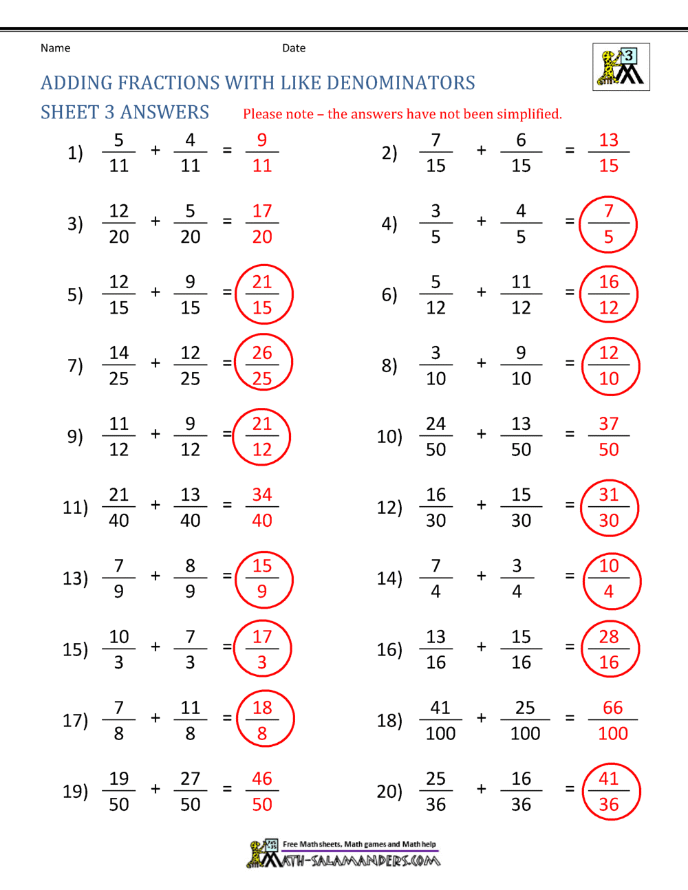 Fifth grade student worksheet for practicing addition of visual fractions with common and uncommon denominators