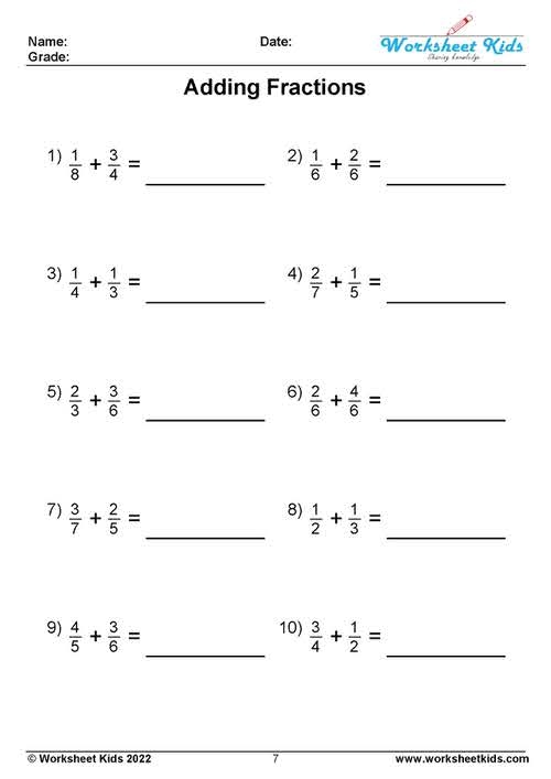 Fifth grade math worksheet featuring colorful visual fraction problems with like and unlike denominators