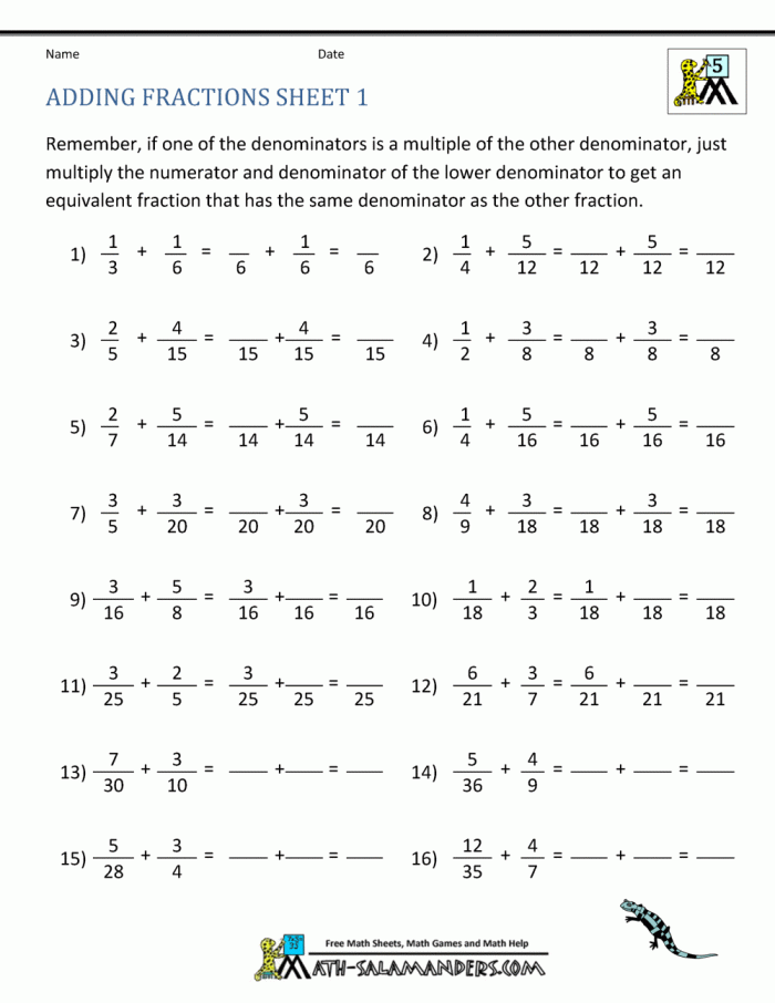 Fifth grade adding fractions worksheet with visual models for like and unlike denominators