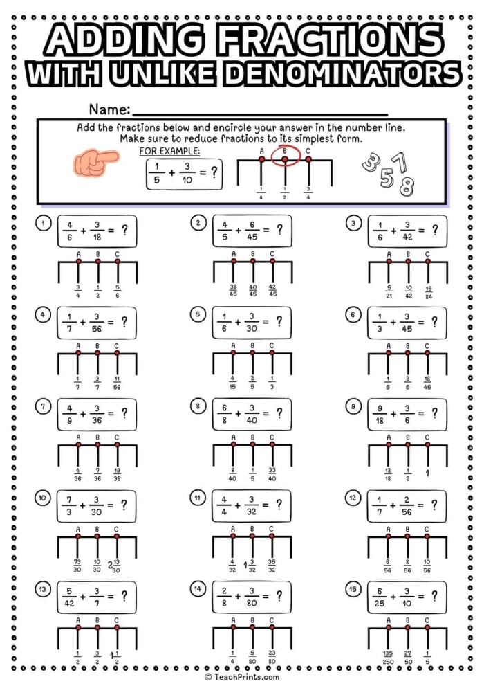 Fifth grade worksheet featuring colorful visual models for adding fractions with same and different denominators