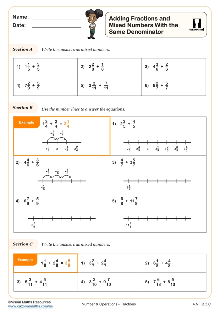 Fifth grade worksheet featuring visual models for adding fractions with like and unlike denominators