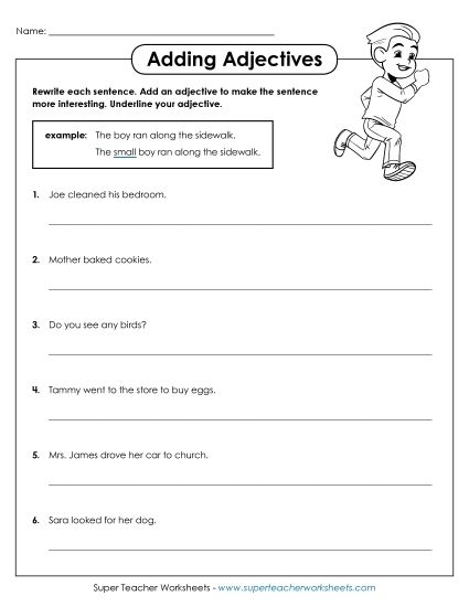 Addition worksheet for Fifth Grade Colorful worksheet for fifth graders focused on adding adjectives to enhance writing skills. Engaging exercise to help students practice descriptive language in a fun way.