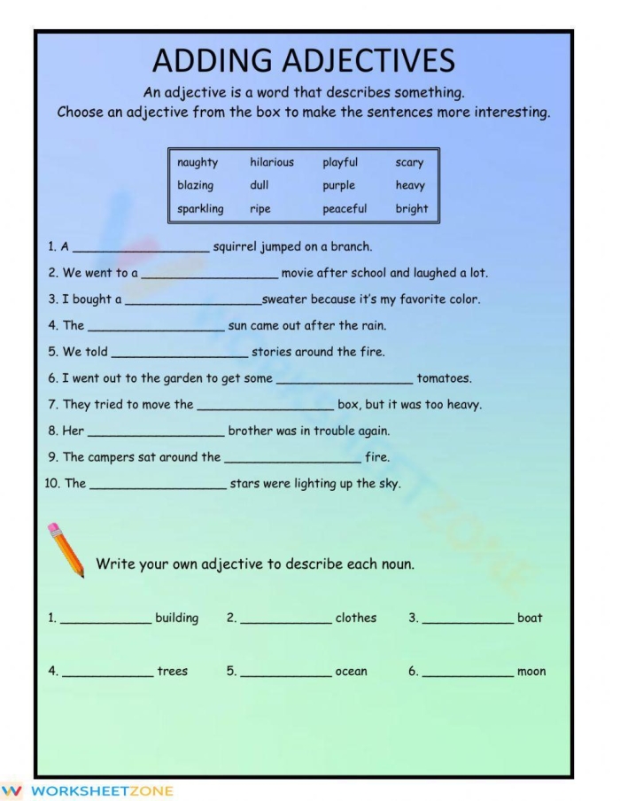 Fifth-grade addition worksheet focused on descriptive language practice Worksheet for adding adjectives to enhance writing skills