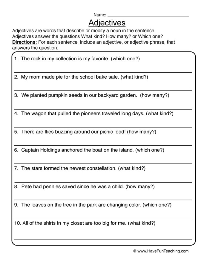 Adding Adjectives Worksheet Fifth Grade Practice 18 A fifth grade student working on a western-themed worksheet to practice adding descriptive adjectives to sentences