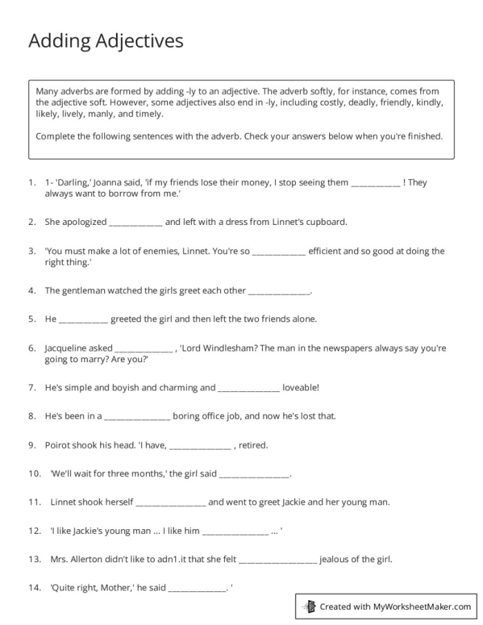 Addition worksheet for Fifth Grade A fifth-grade worksheet focused on adding adjectives to enhance descriptive writing. Practice using adjectives in a fun and engaging way for young learners.