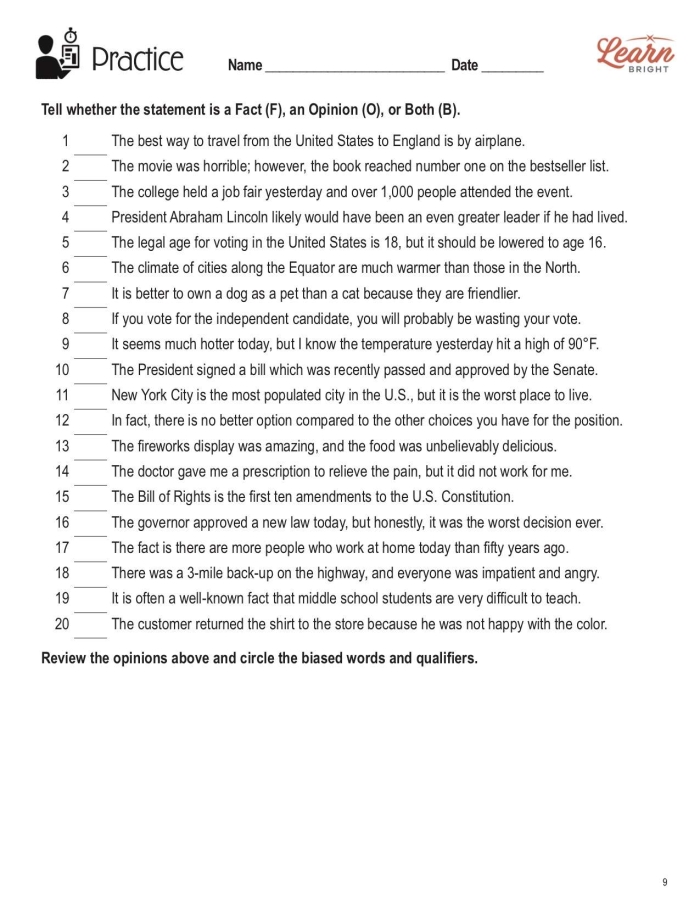 Fact and Opinion Adjectives Learning Activity for Elementary Writers Fifth grade students identifying fact and opinion statements using adjective word bank on worksheet 17