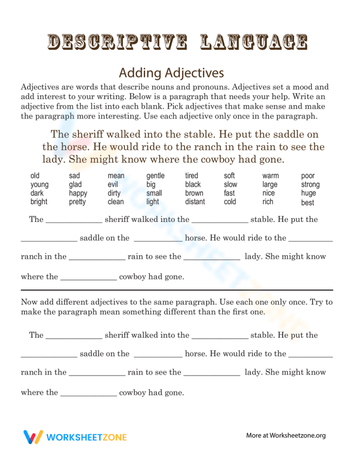 Worksheet image for adding adjectives to enhance descriptive writing skills Fifth-grade students practicing adding adjectives in a fun worksheet activity