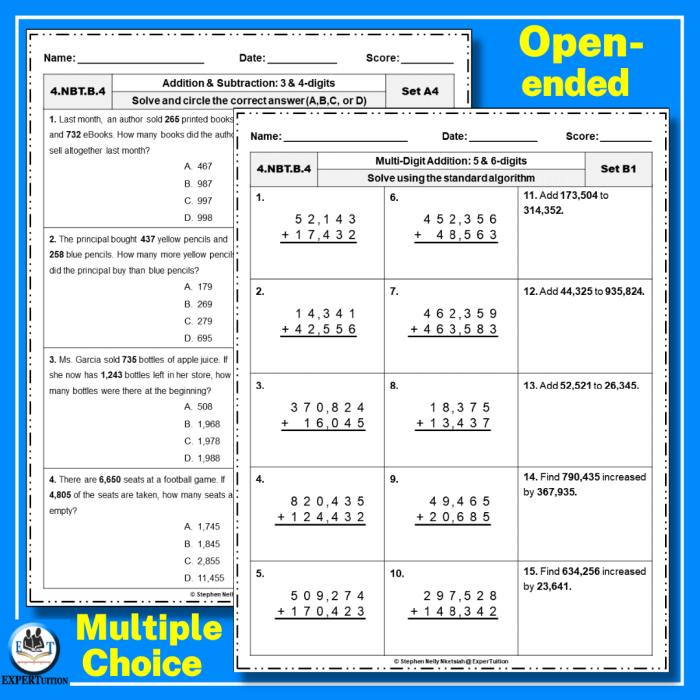 Visual resource for assessing multi-digit multiplication and division skills in students Worksheet depicting multi-digit multiplication and division problems for fifth graders