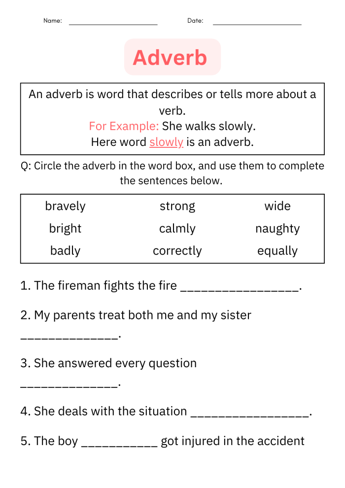 Worksheet focused on identifying and using adverbs for fifth-grade students