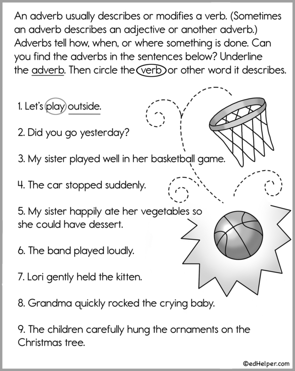 Adverb worksheet for fifth graders focusing on identifying and using adverbs in sentences