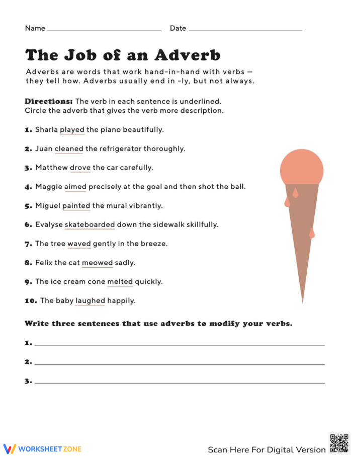 Worksheet focused on identifying and using adverbs for fifth-grade students