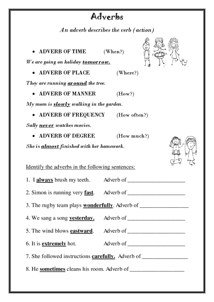 Worksheet for fifth graders focused on identifying and using adverbs in sentences. The Job of an Adverb worksheet to enhance descriptive language skills.