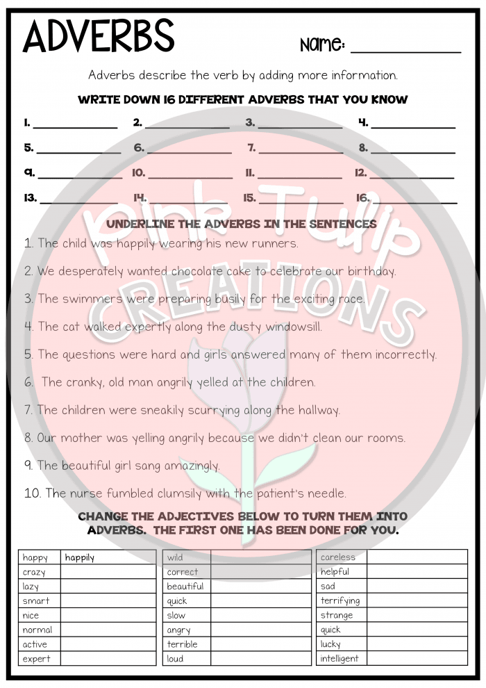 Adverbs worksheet for grammar review and skill development Fifth grade grammar worksheet focusing on adverbs with practice problems