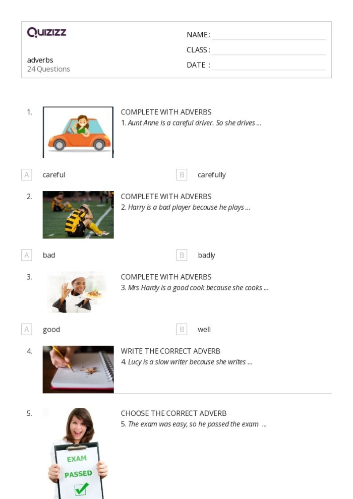 Grammar Review: Adverbs Worksheet for Reading Skills Worksheet for fifth graders focusing on adverb identification and usage practice