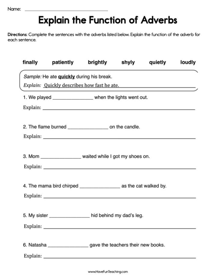 Adverb worksheet for fifth graders focusing on identifying and using adverbs in sentences