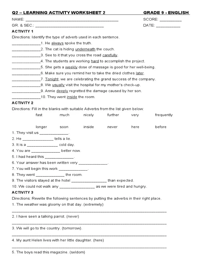 Fifth grade worksheet for identifying and using adverbs in sentences