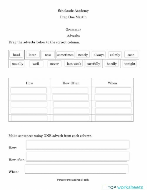 Worksheet for identifying and using adverbs in sentences for fifth-grade students