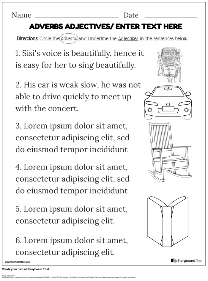 A fifth-grade worksheet focused on identifying and using adverbs in sentences