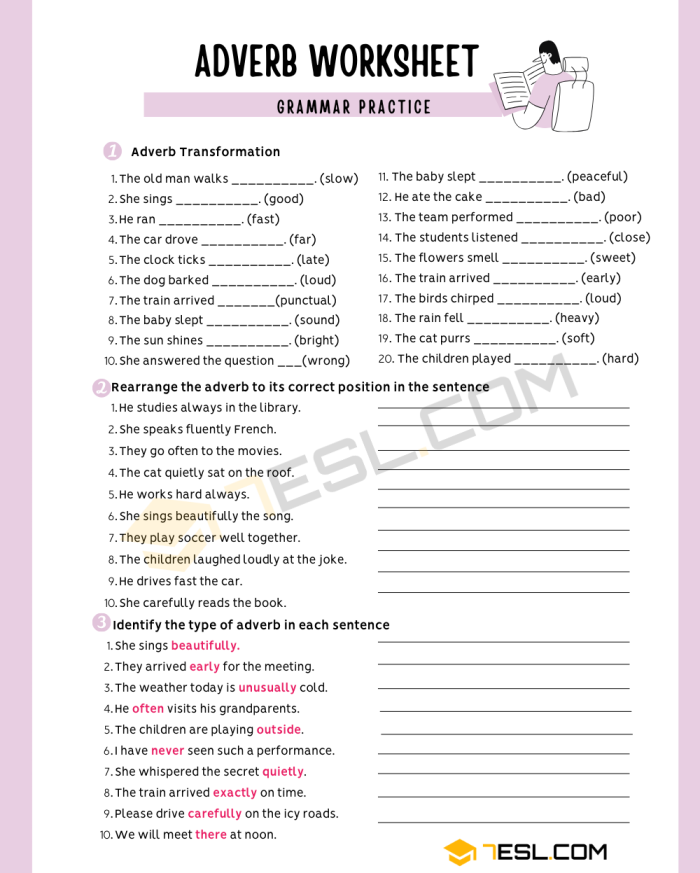 Worksheet for identifying and using adverbs in sentences for fifth graders