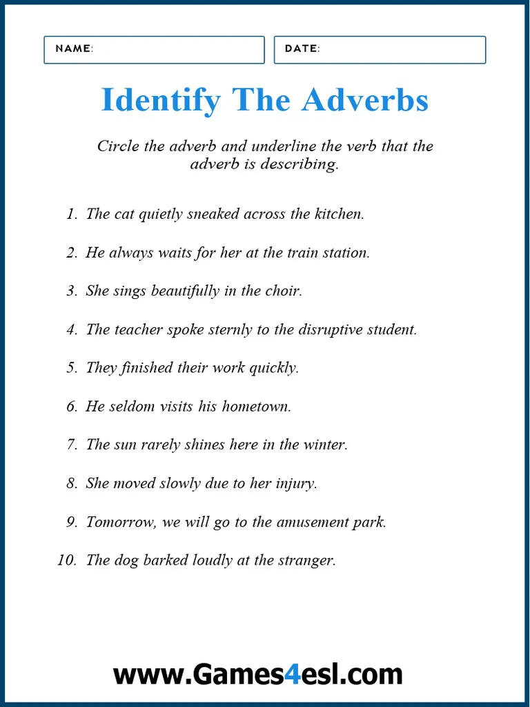 Worksheet for fifth graders focusing on identifying and using adverbs in sentences