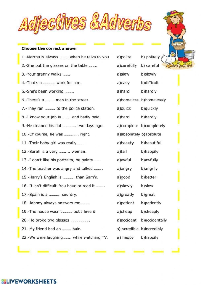 Worksheet focusing on identifying and using adverbs for fifth-grade students