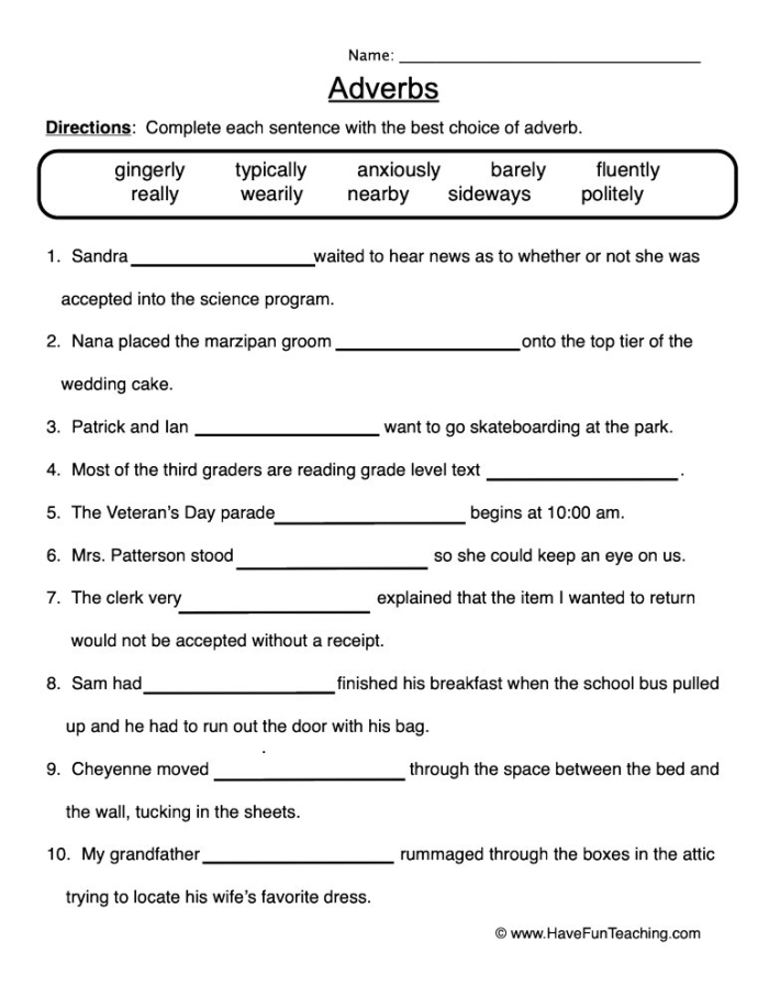 A fifth-grade worksheet focused on identifying and using adverbs effectively
