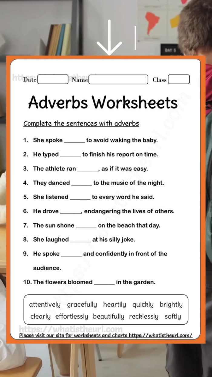 Worksheet for identifying and using adverbs in sentences for fifth graders