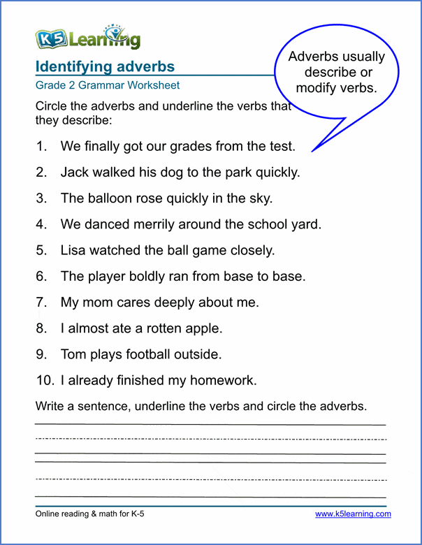 Adverb practice worksheet for identifying and correcting adverbs in sentences Worksheet featuring grammar review exercises focused on adverbs for fifth graders
